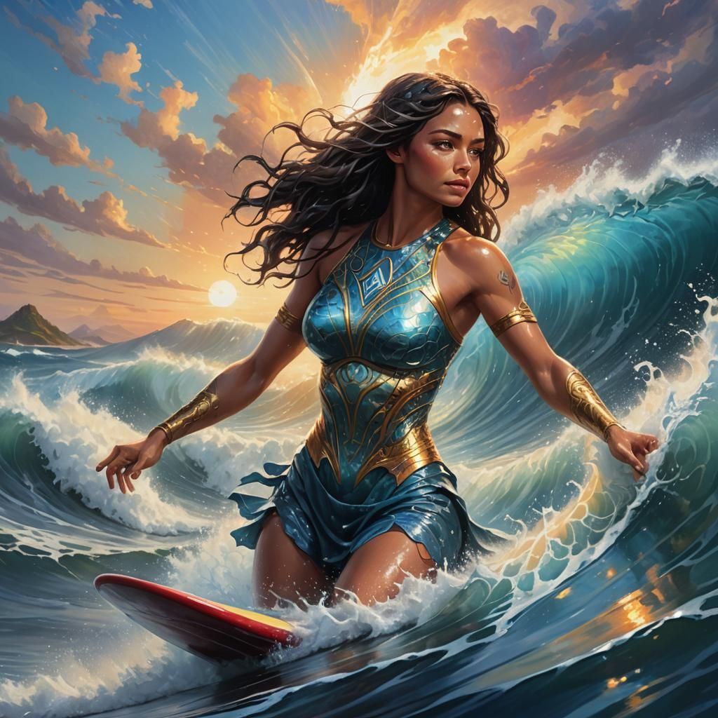 Waterbender Surfer Rides a Wave in Oil Painting Style