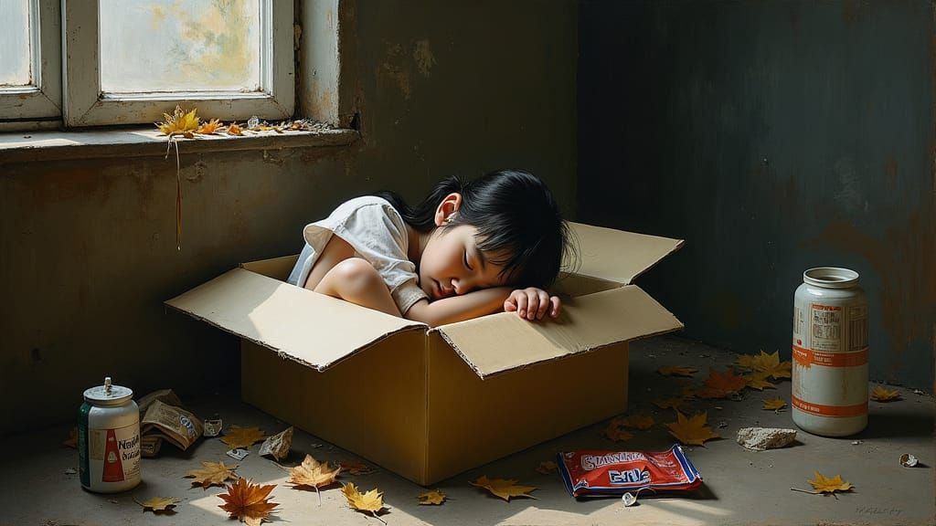 Girl in Cardboard Box: Cubist Oil Painting