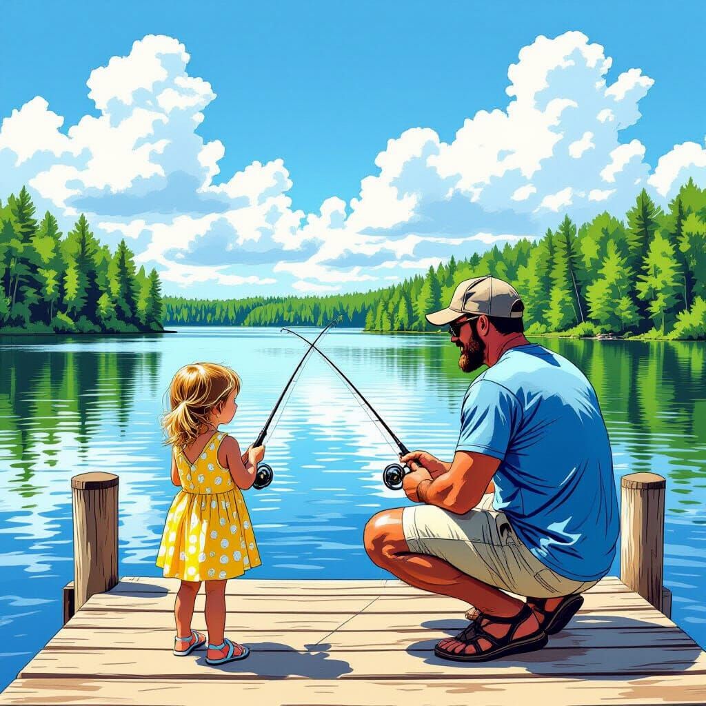 Family Fishing Trip in Comic Book Style