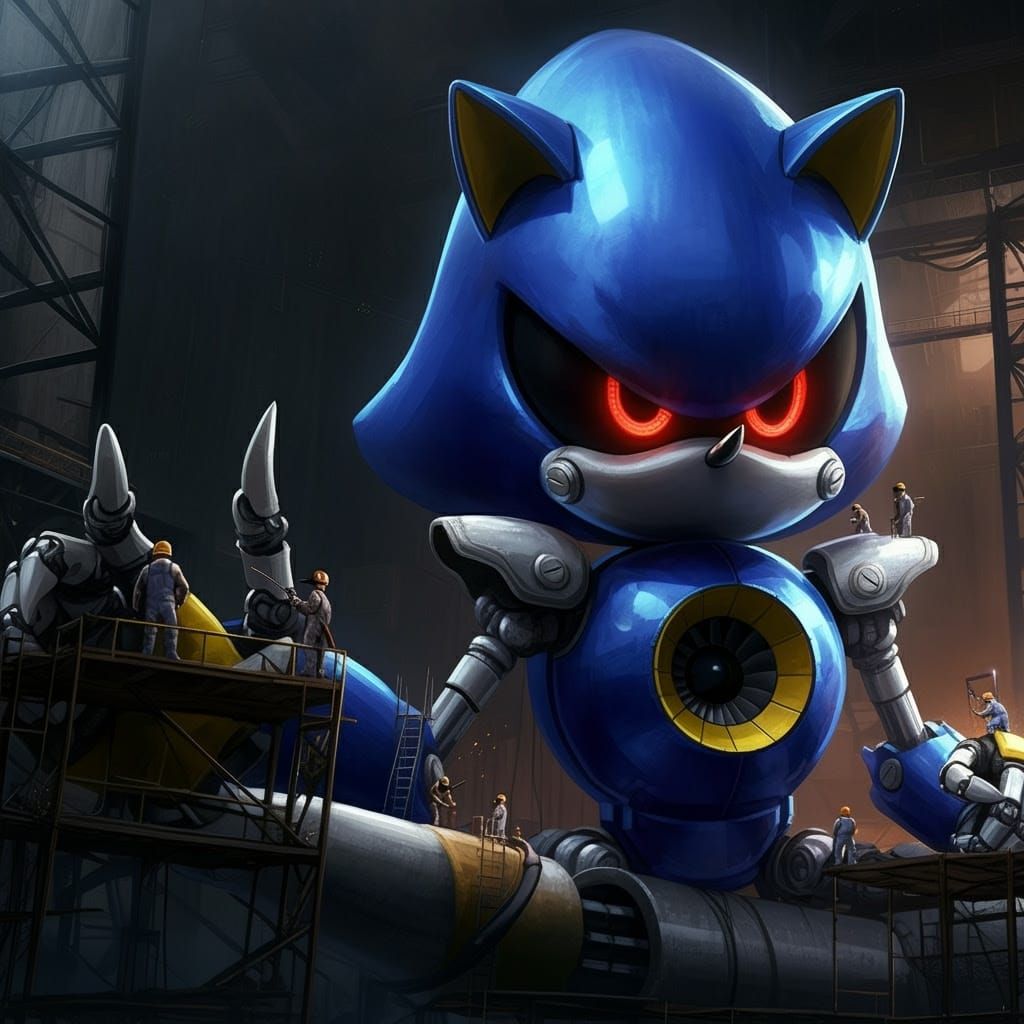 Gigantic Metal Sonic Construction in Futuristic Hangar