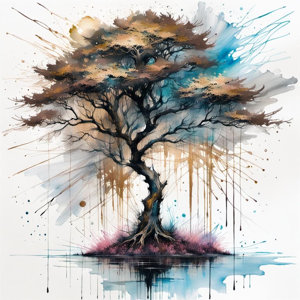 Tree Near Water in Modern Ink Painting Style