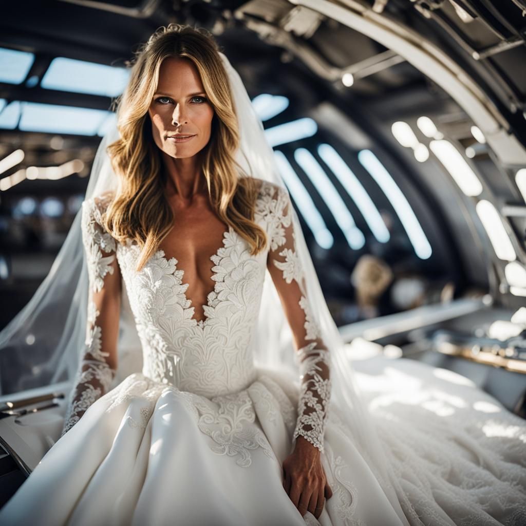 Captain (RAN) Elle McFearson, Commander of the UNS Invincible, showing of her wedding gown in the hangar deck of the shi...