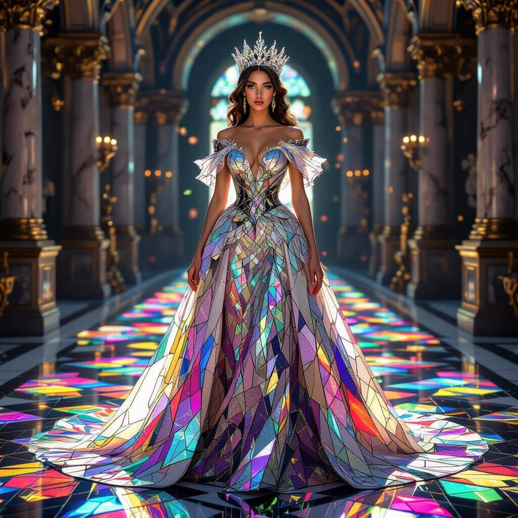Regal Queen in Shattered Stained Glass Gown