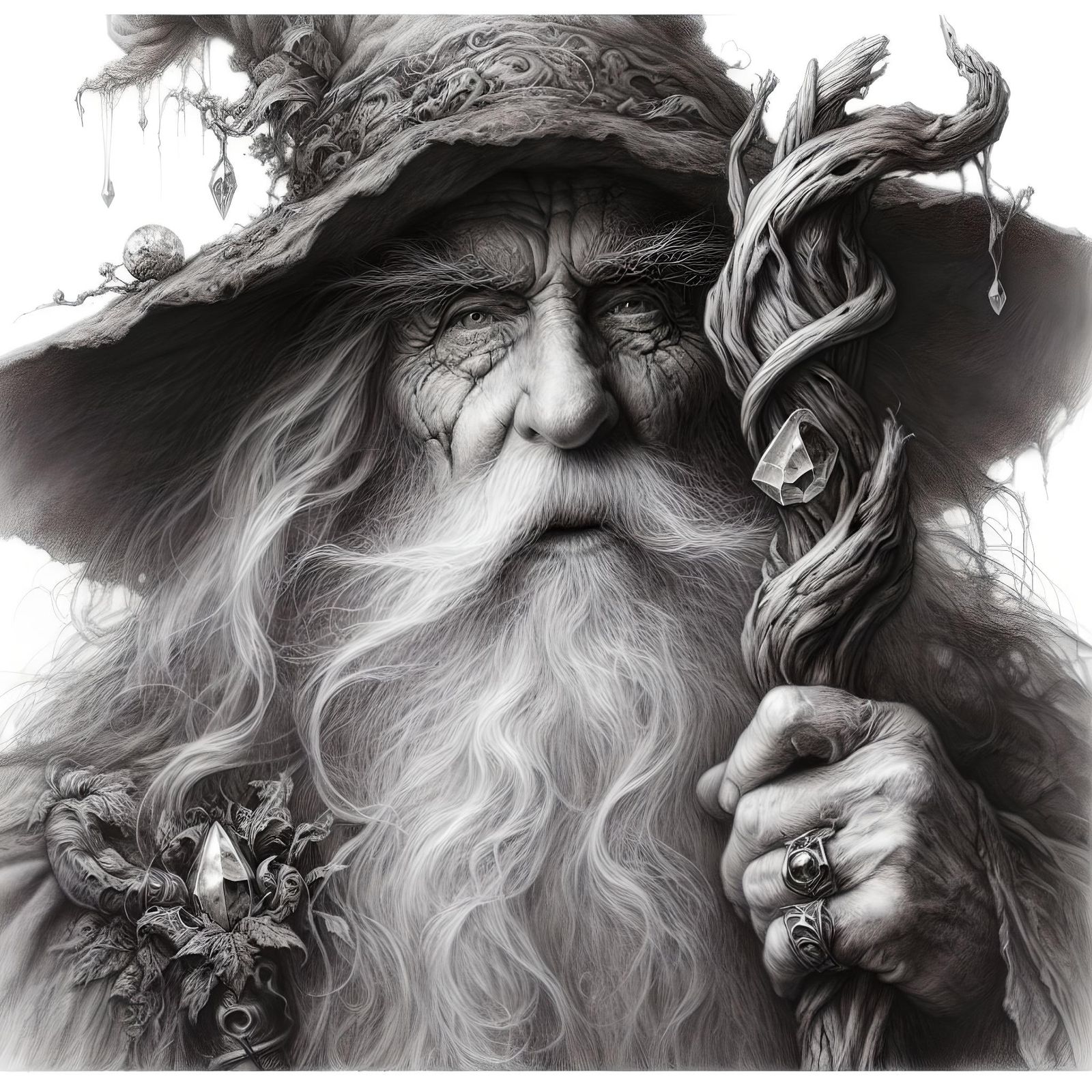 Detailed Pencil Sketch of an Old Fantasy Wizard