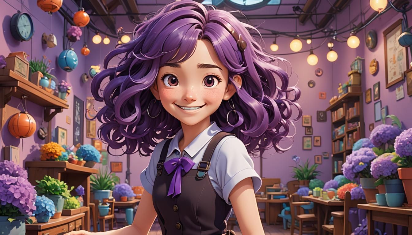 Smiling Cartoon Girl with Purple Hair in Anime Style