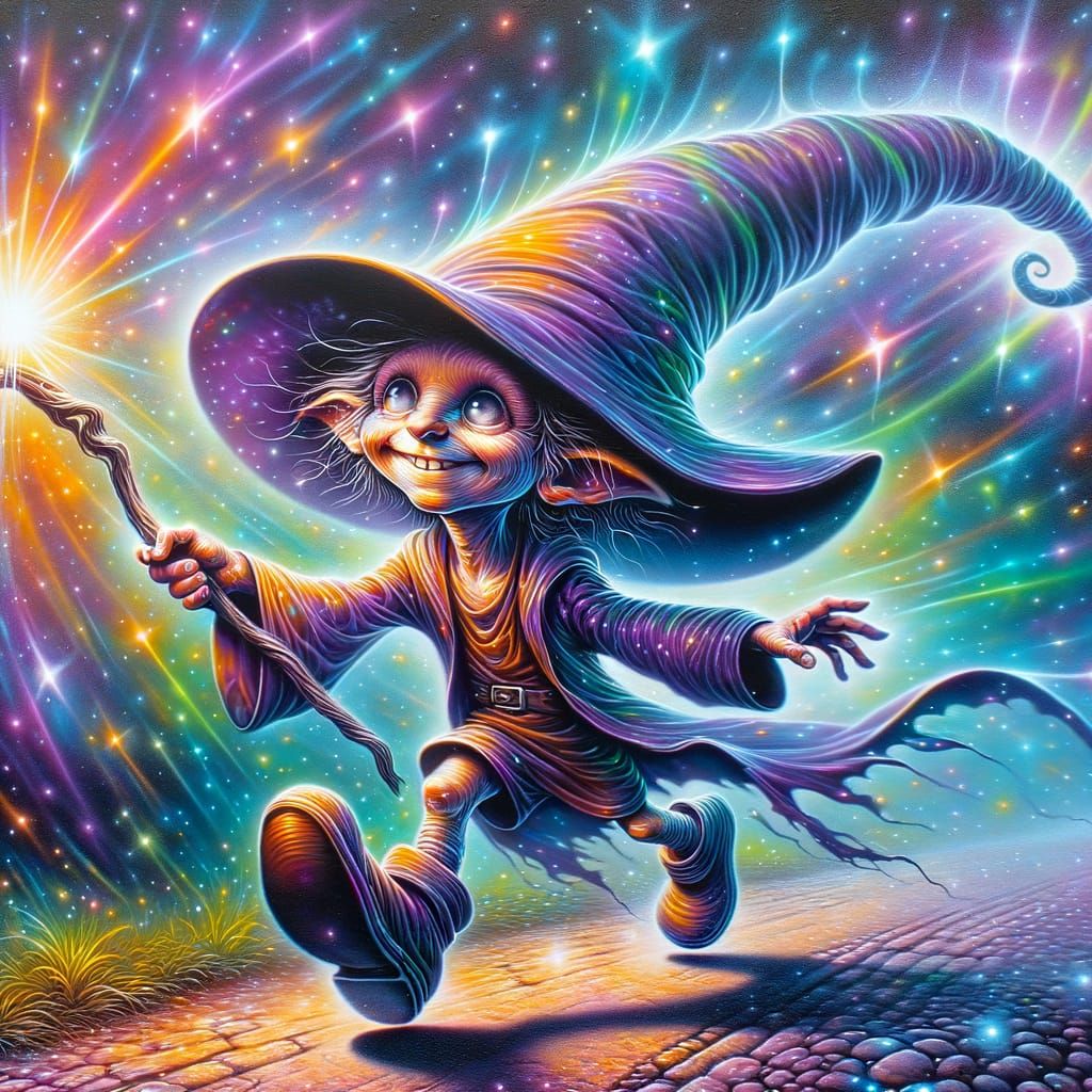 Whimsical Wizard Skips Down Iridescent Road