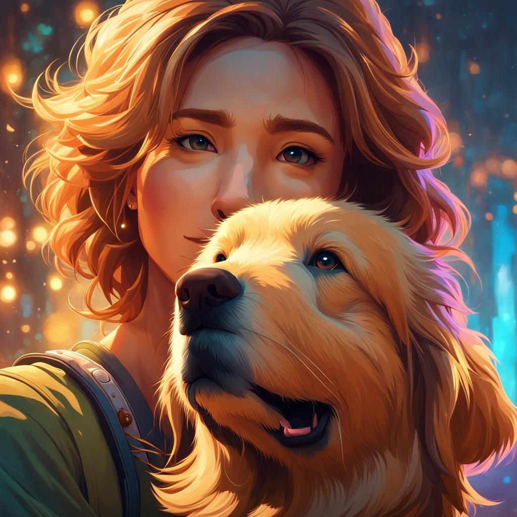 Golden Retriever Relaxing with Owner: Detailed Portrait