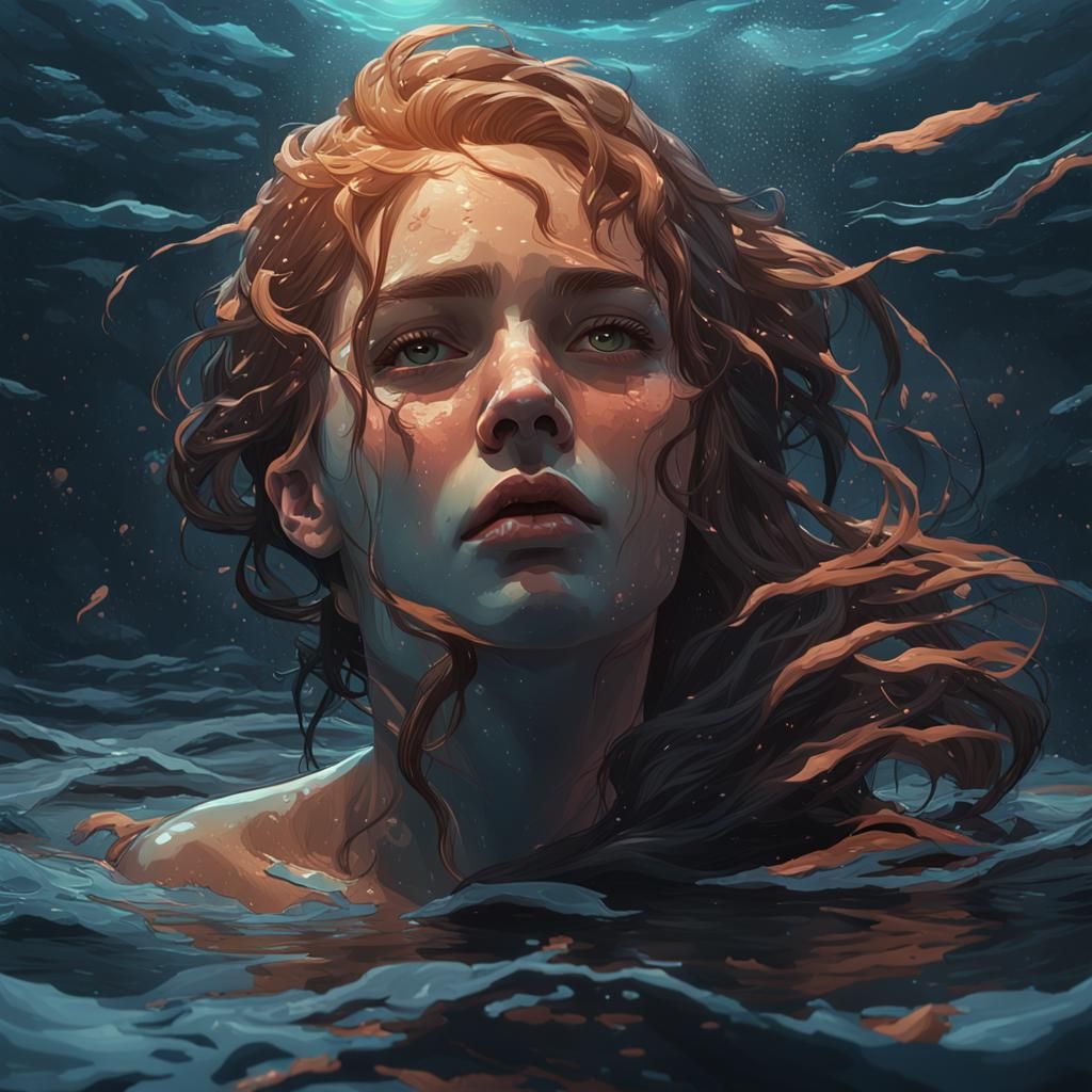 Drowning Girl Portrait in Hyperdetailed Splash Art