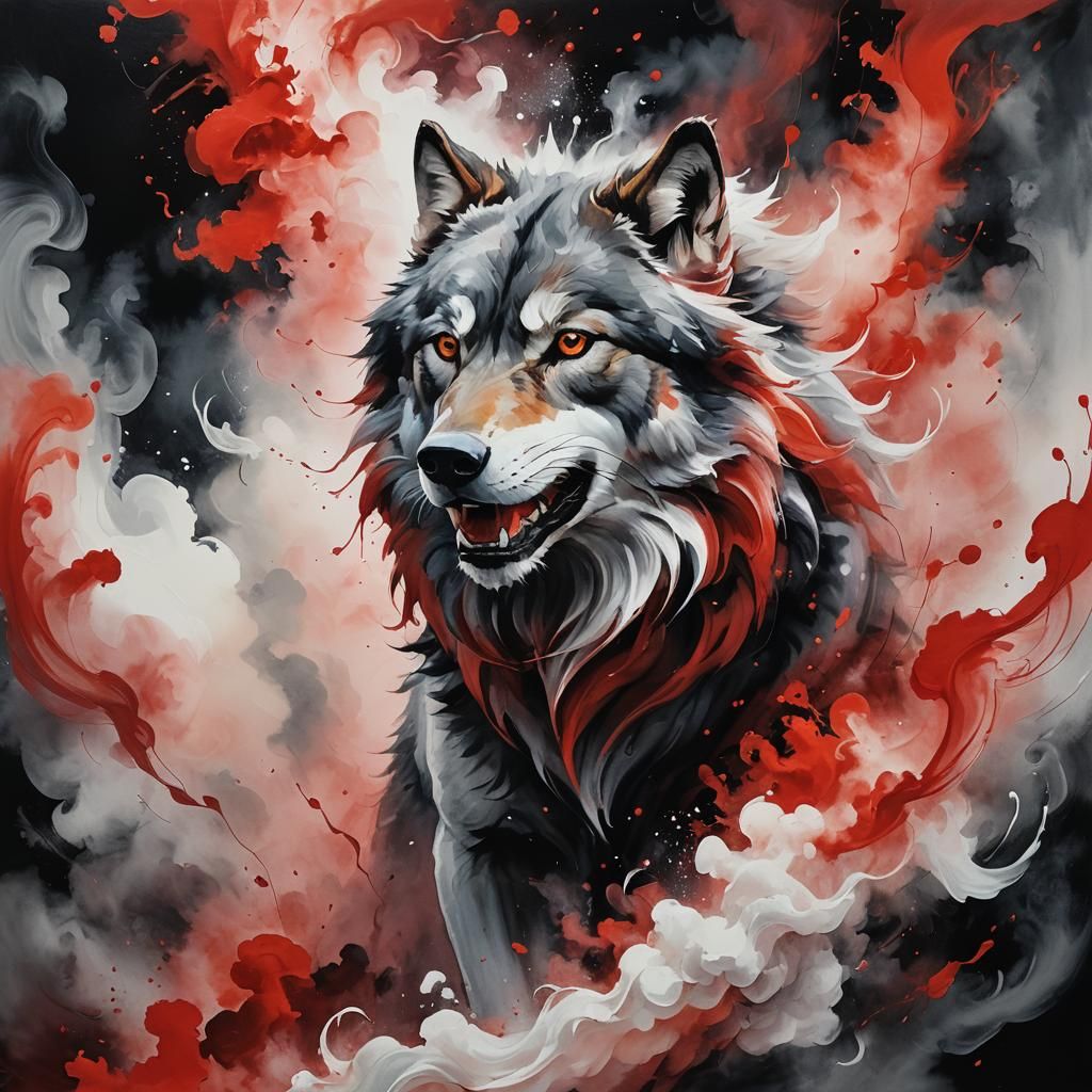 Time Wolf in Gouache Style with Impasto Brushstrokes