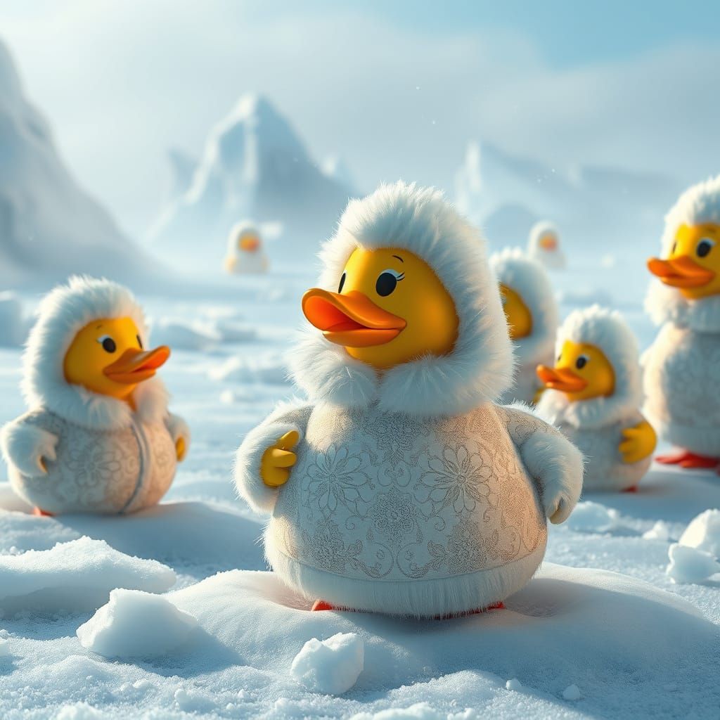Whimsical Arctic Wonderland with Rubber Ducks in Snowy Furs