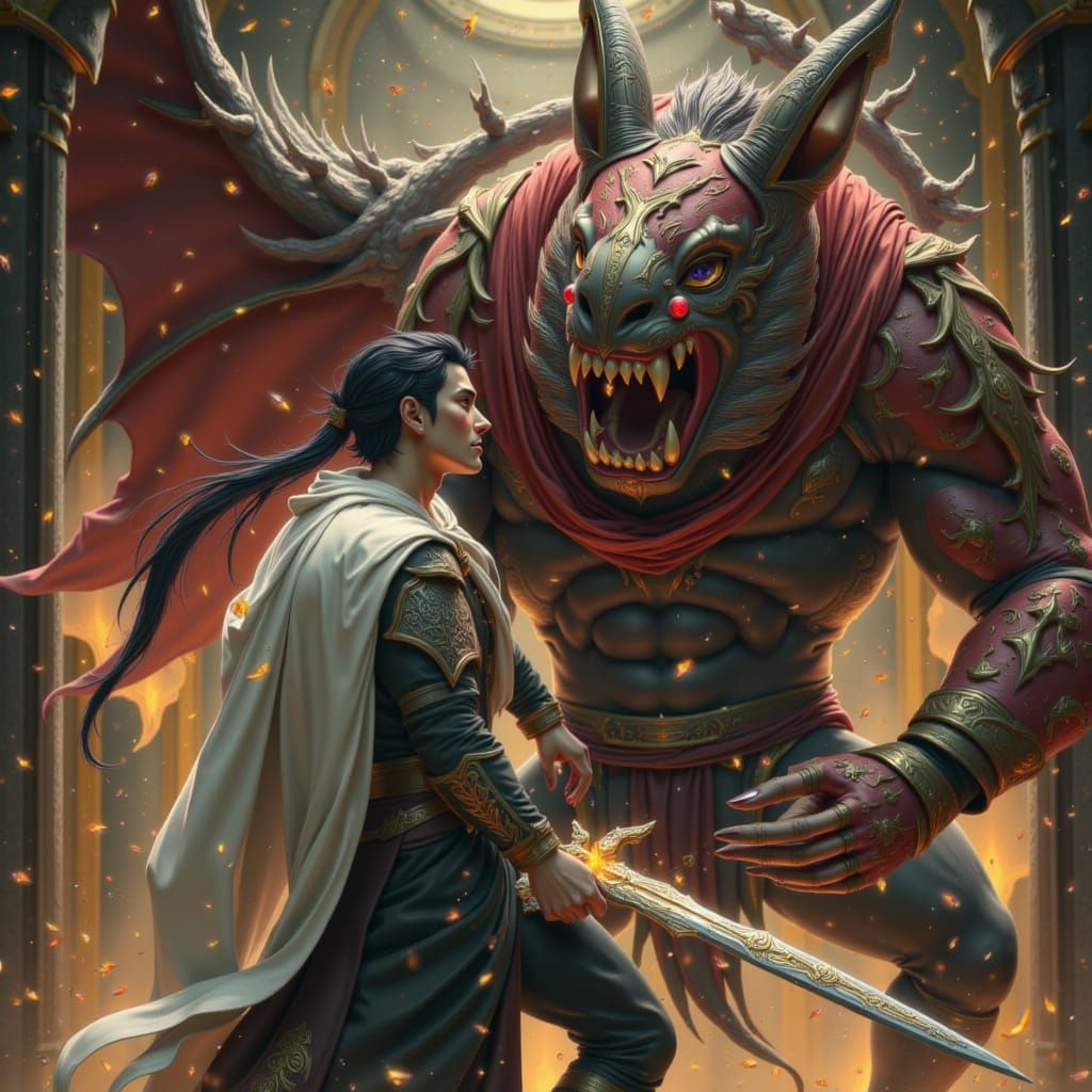 Warrior Battles Mystical Beast with Magic Sword