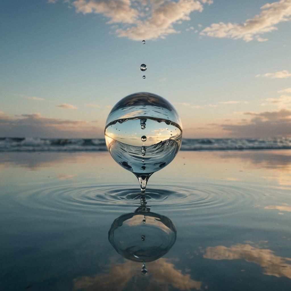 Surreal Water Drop Reflecting Distorted Ocean