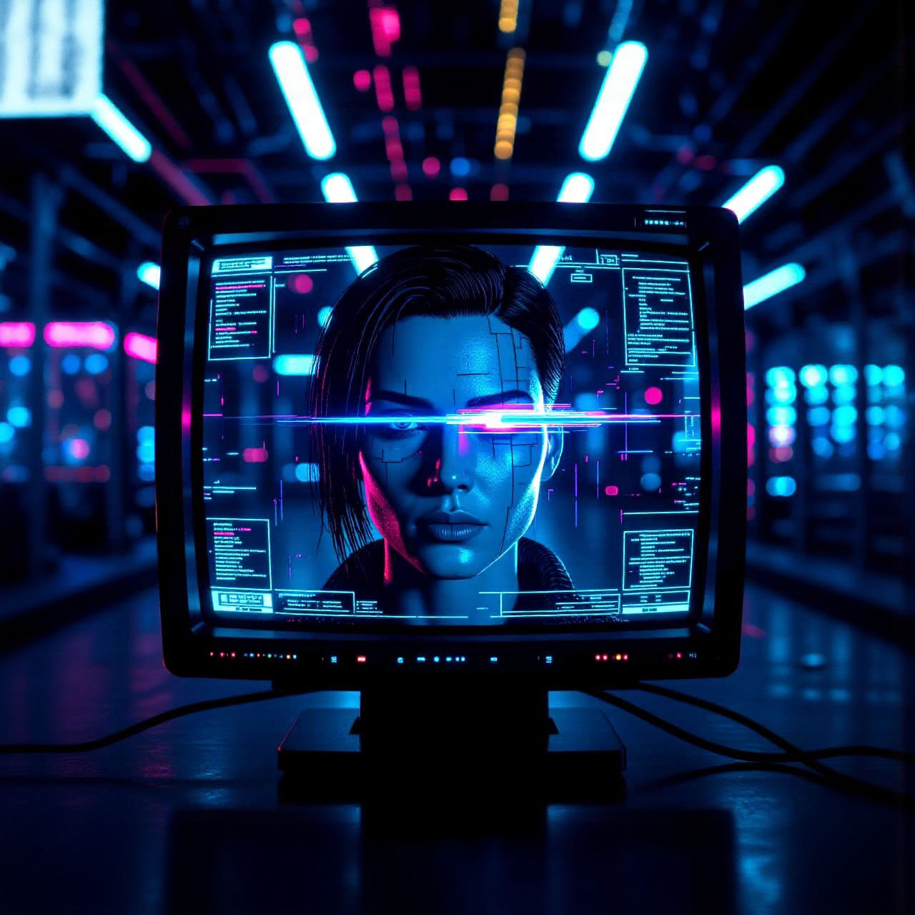 Glitchy Face on Viewscreen with Cyberpunk Computer Banks