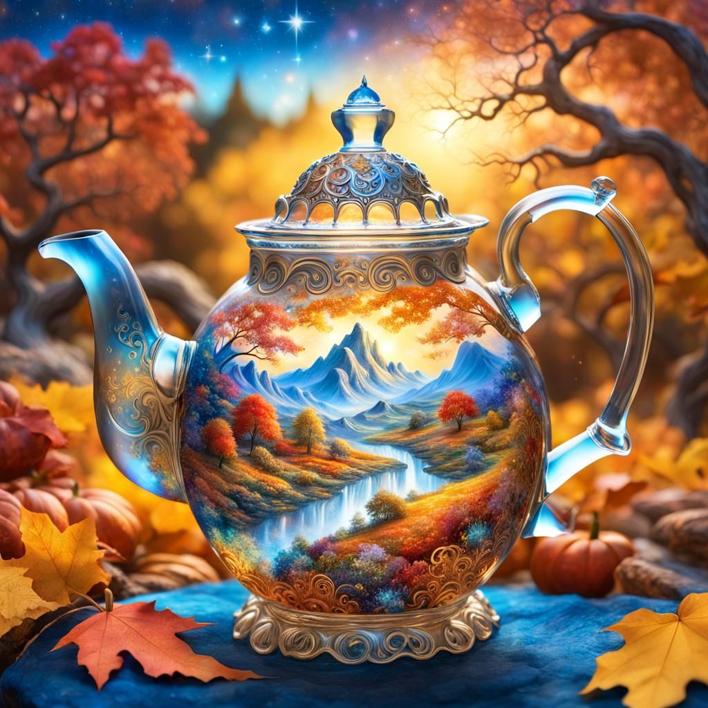 Crystal Teapot Creates Autumn Landscape, Dreamlike CGI