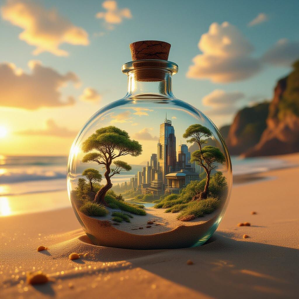 Miniature Dystopian World in Glass Bottle
