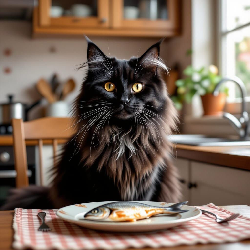 Fluffy Black Cat with Golden Eyes