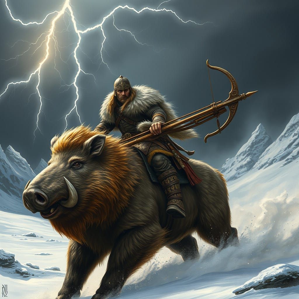 Nordic Warrior Rides Gullinbursti Under Electric Winter Skie...