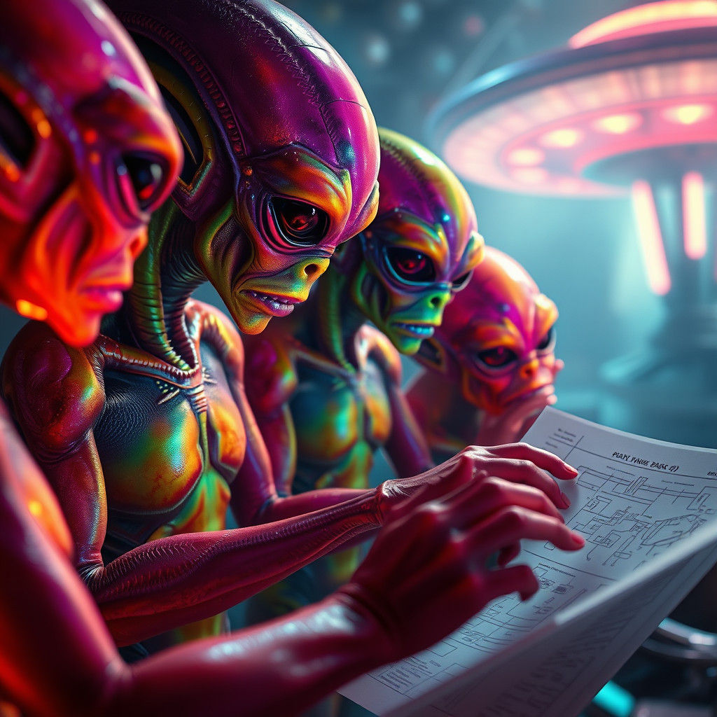 Opalescent Aliens Examine UFO Blueprints: Cinematic Ambiance