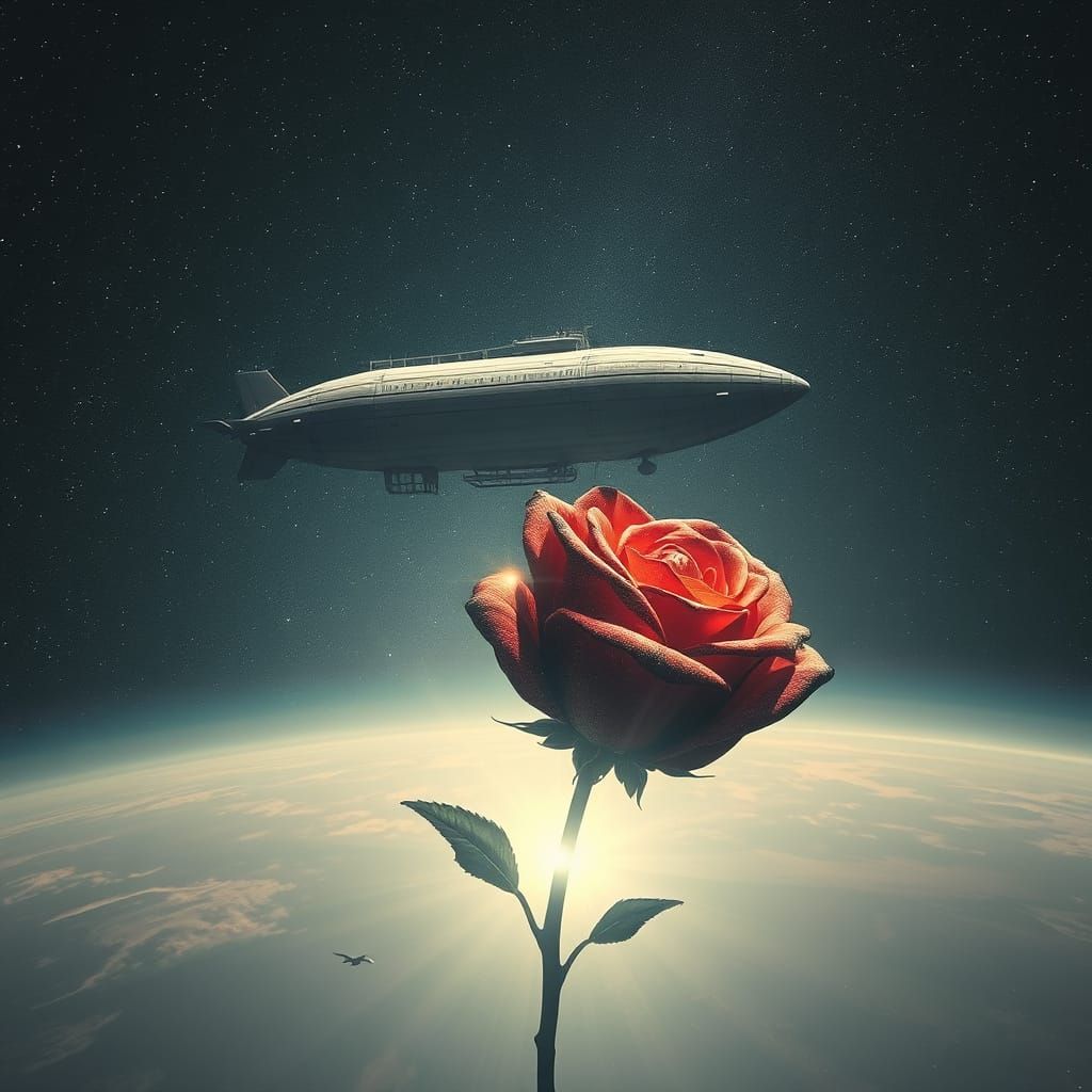 Ancient Airship Floats Above Cosmic Rose in Surreal Sky