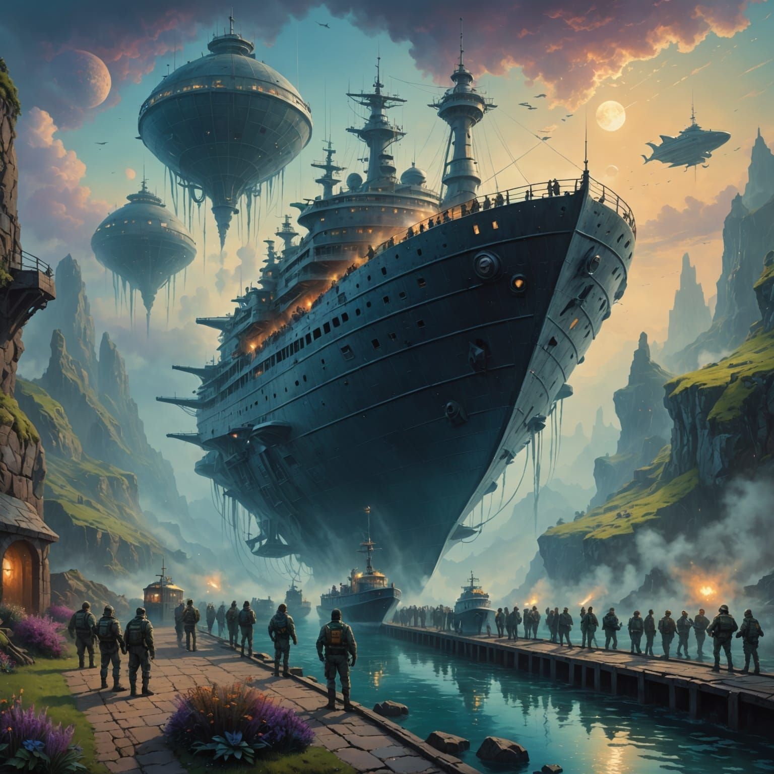 Ethereal Prison Ship in a Fantastical Landscape