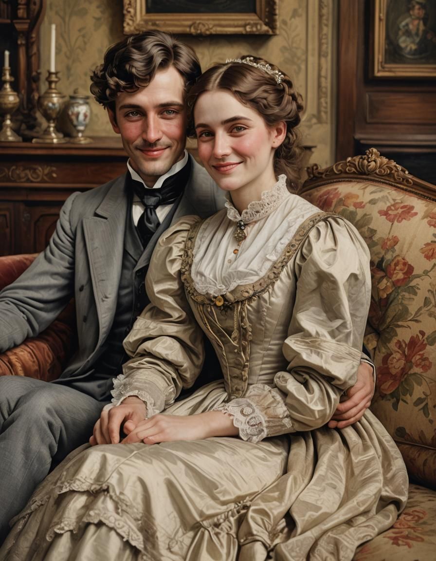 A young Victorian couple sitting on a couch in thier house, ...
