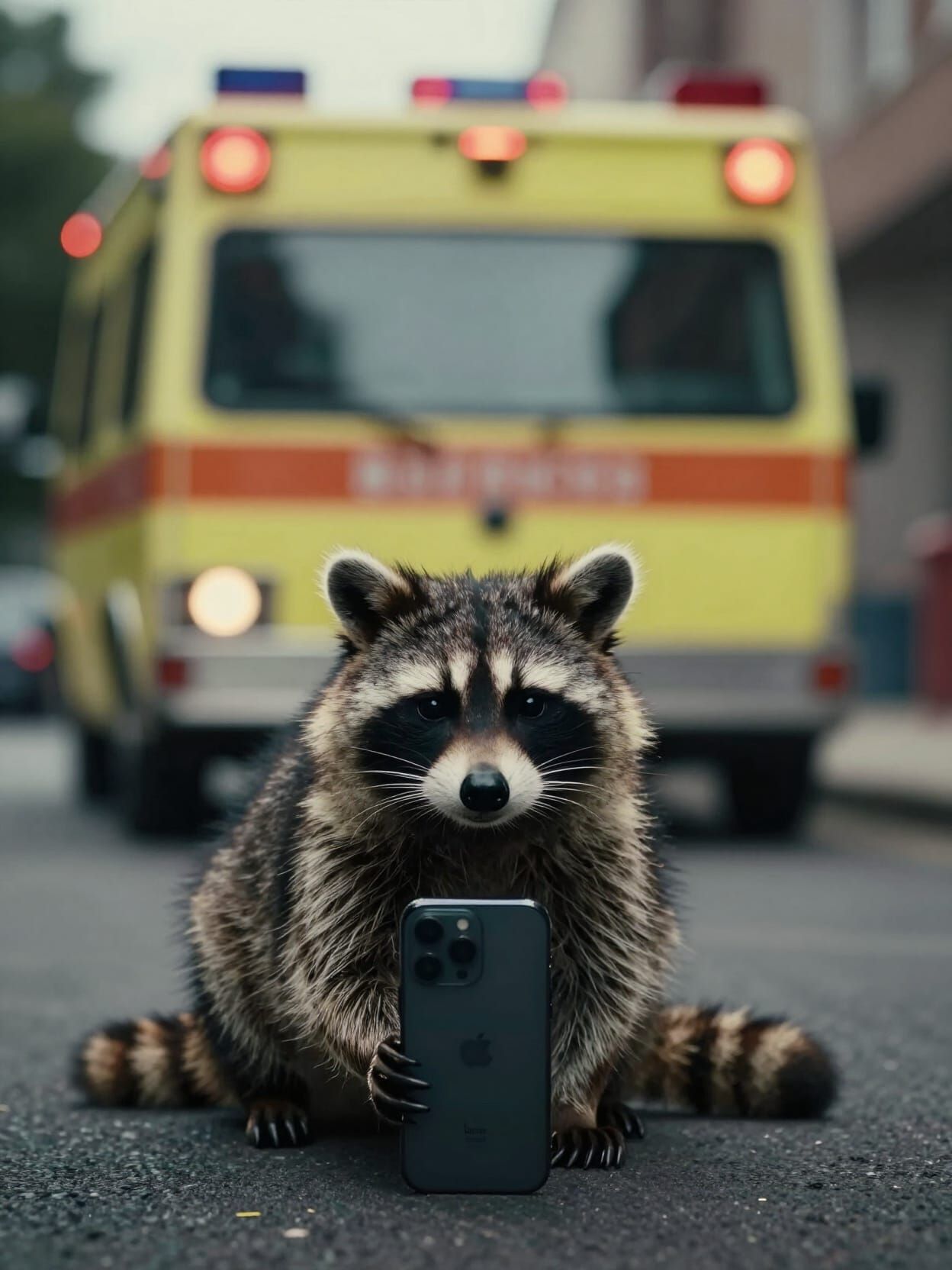Racoon with Phone by Ambulance in Cinematic Film Still