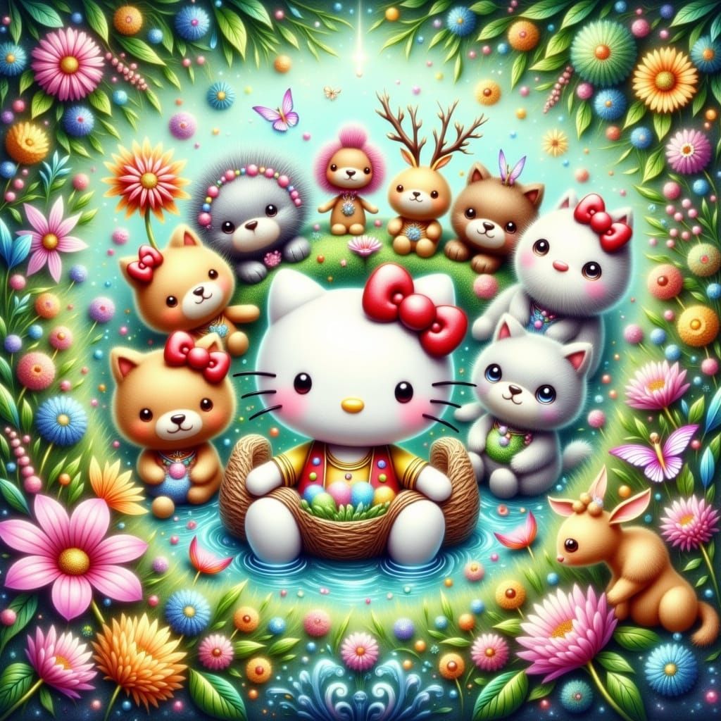 Whimsical Zodiac Friends Gather Around Hello Kitty in Dreamy...