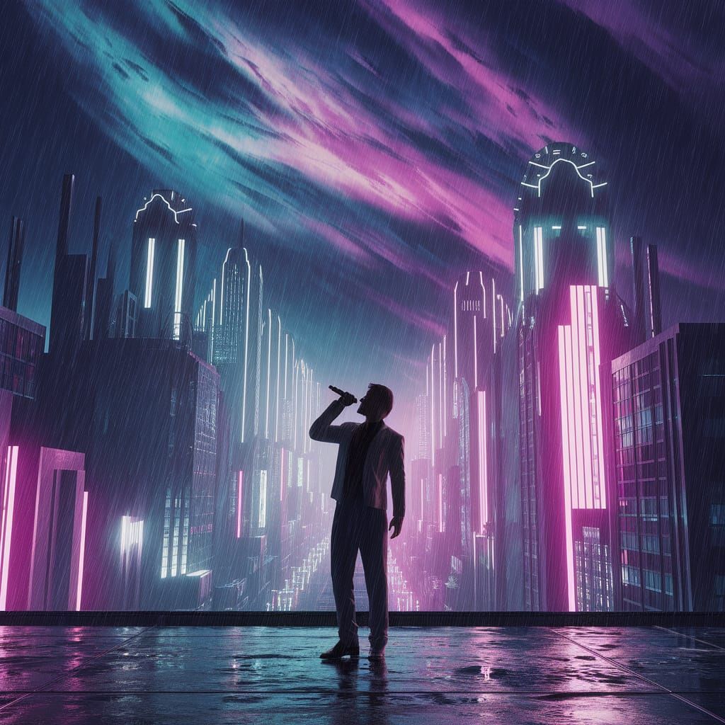 Singer on Rooftop Overlooking Neon Metropolis in Cyberpunk A...
