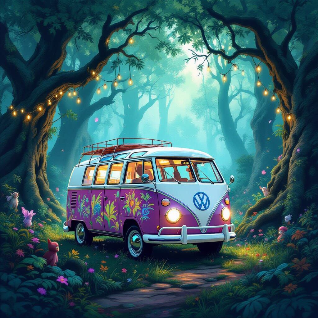 Psychedelic VW Bus in Enchanted Forest Glade