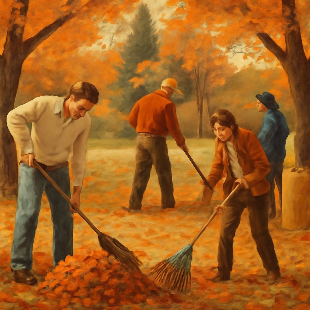 Autumn Day: People Raking Leaves