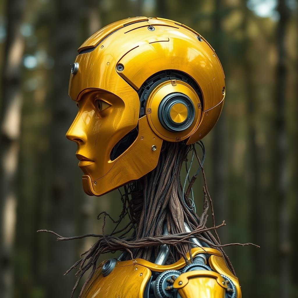 AI Android Profile with Metallic and Wooden Design
