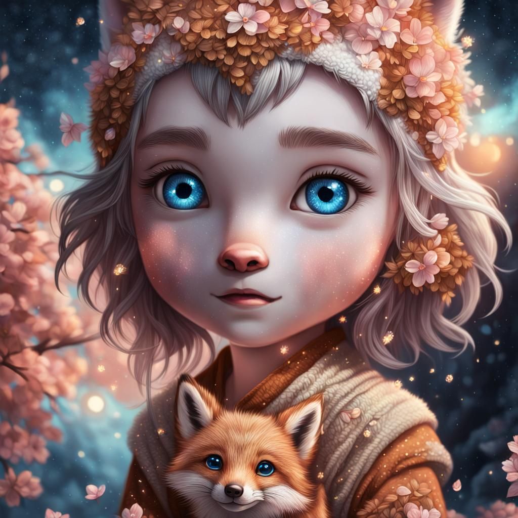 Adorable Fox with Blue Eyes in Ghibli Style