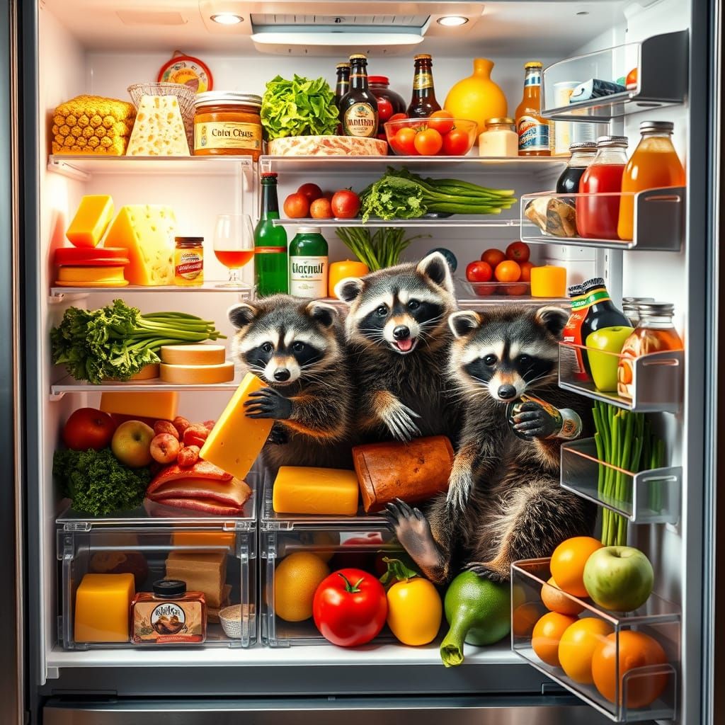 Realistic Refrigerator Scene with Playful Raccoons