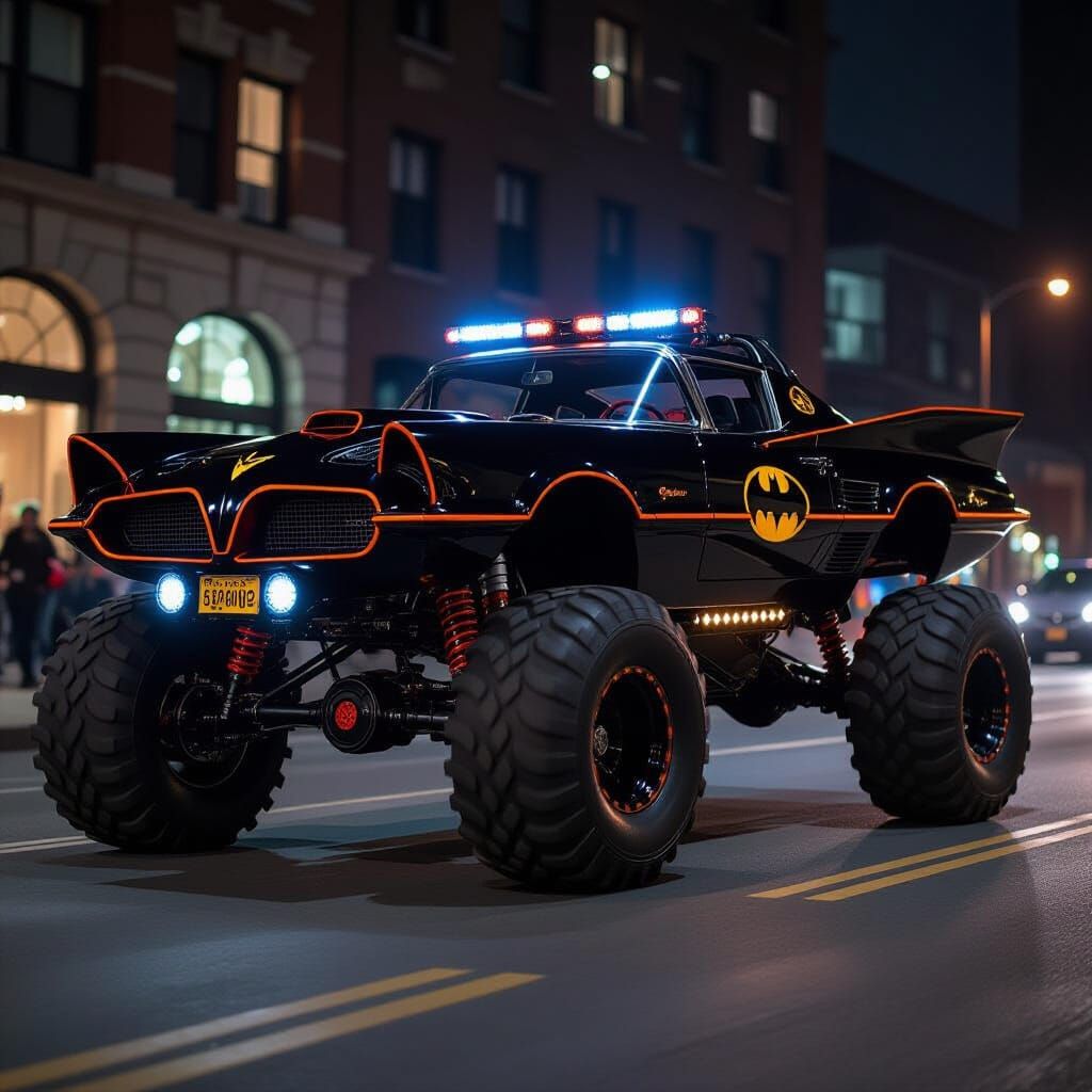 BatmobilE with Monster Tires on Gotham Streets