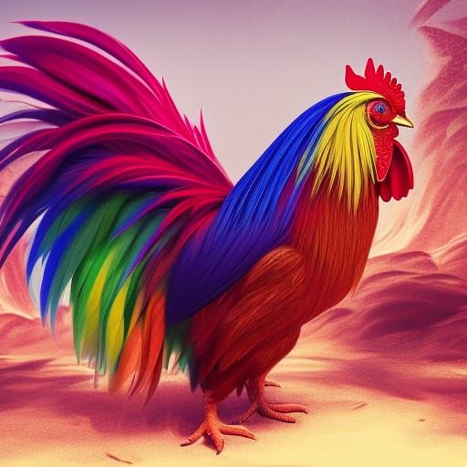 Rainbow Rooster with Vivid Feathers: Detailed Matte Painting