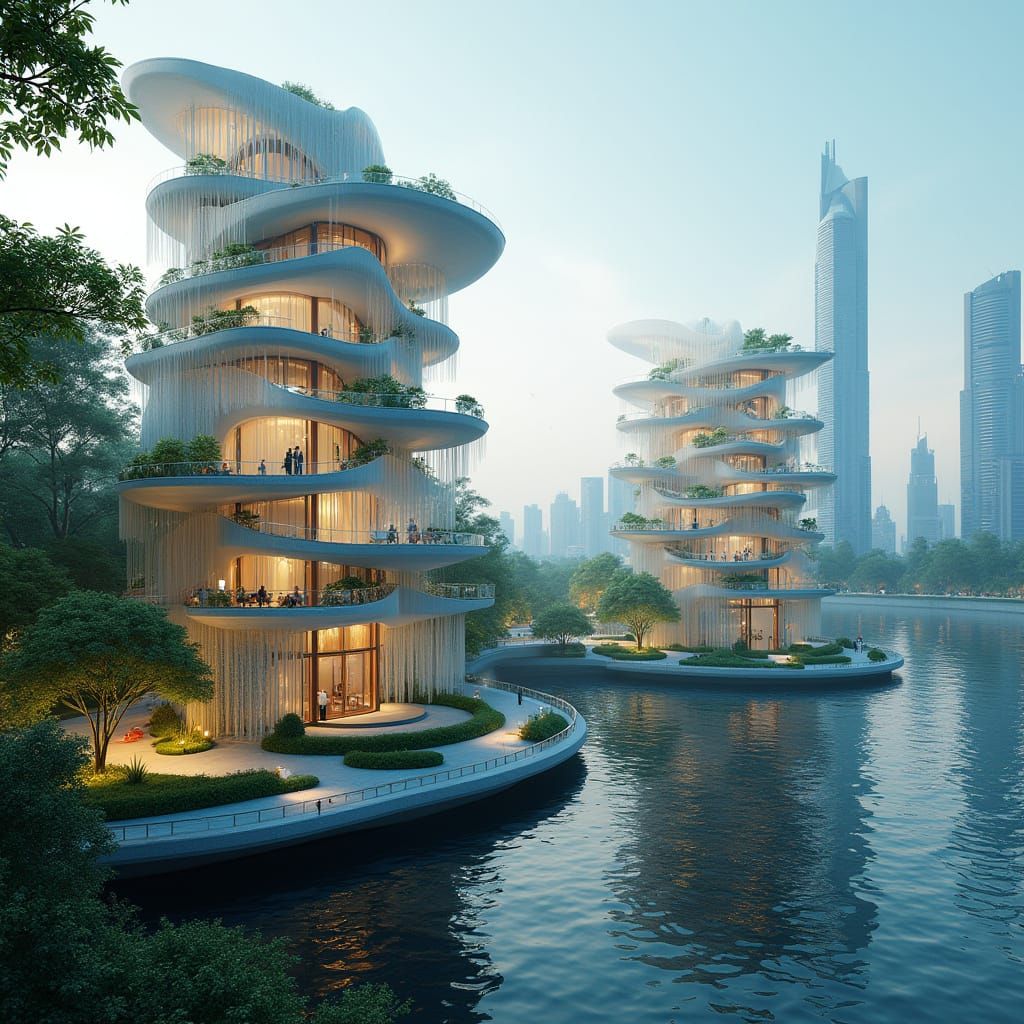 Ethereal Lakeside Metropolis with Glowing Skyscrapers