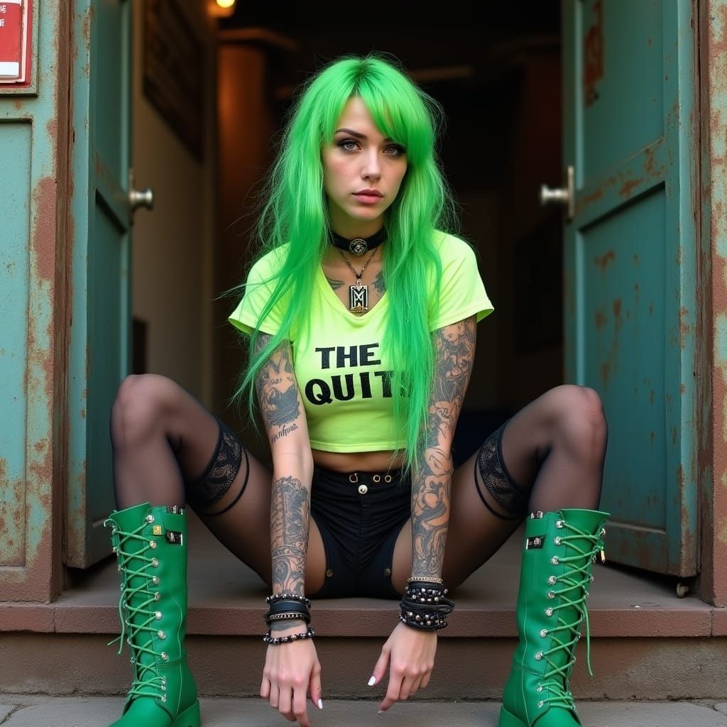 Vibrant Green-Haired Woman in Music Venue Doorway