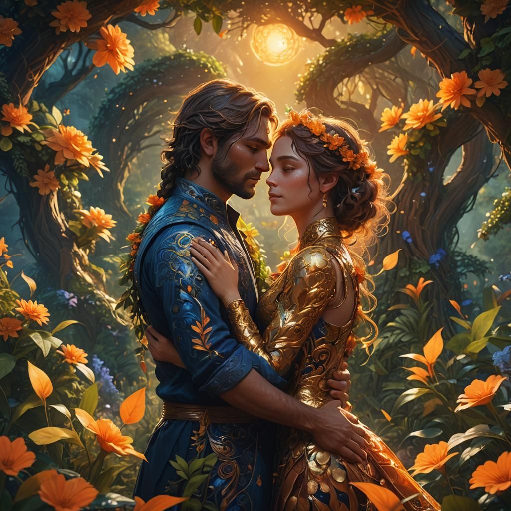 Embrace in Fantasy Landscape: Digital Art Illustration