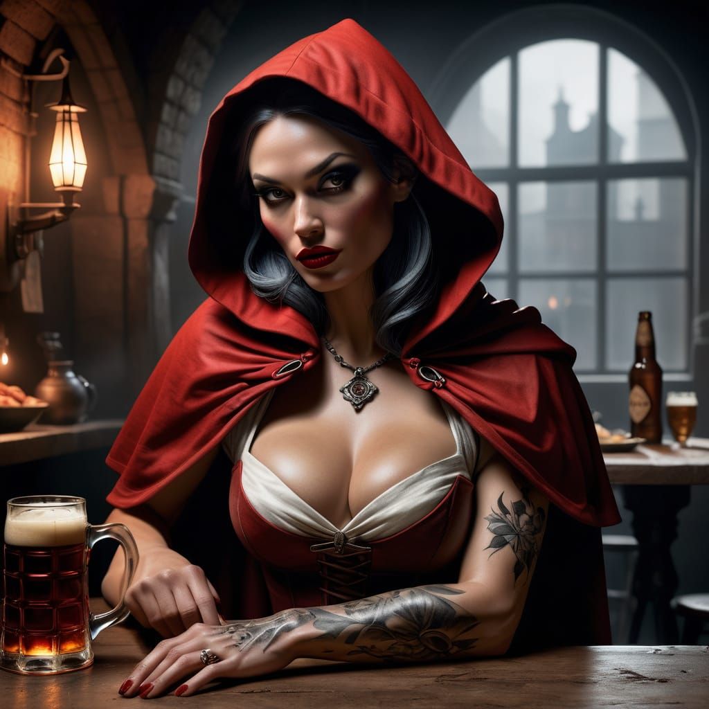 Dark Red Riding Hood Sits in a Cozy Basement Pub