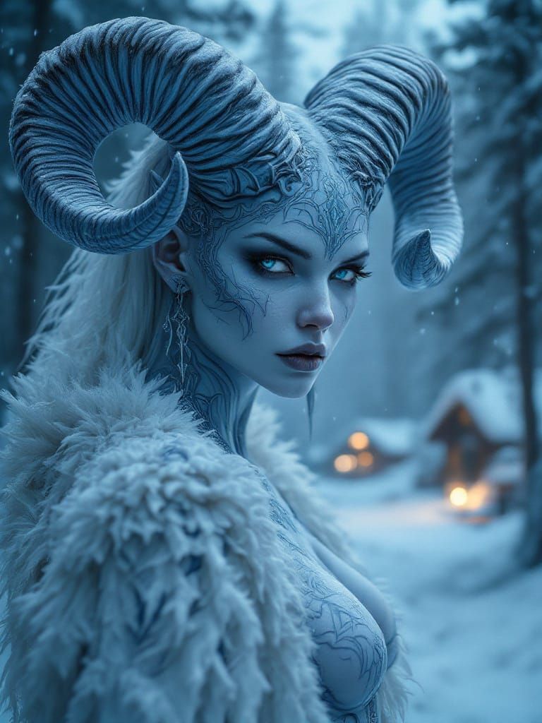 Frost Queen Fantasy Portrait with Ram Horns