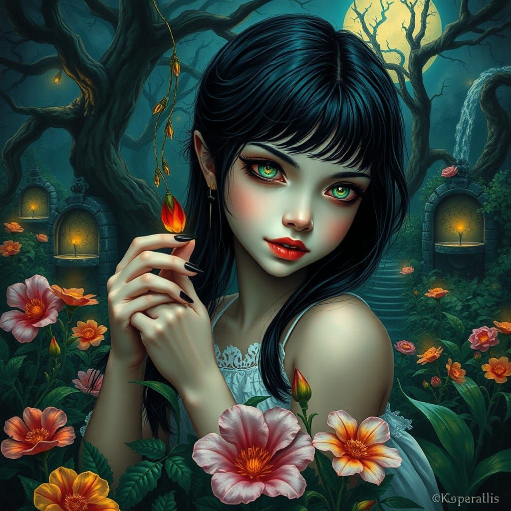 Young Vampire Girl in a Mystical Gouache Garden