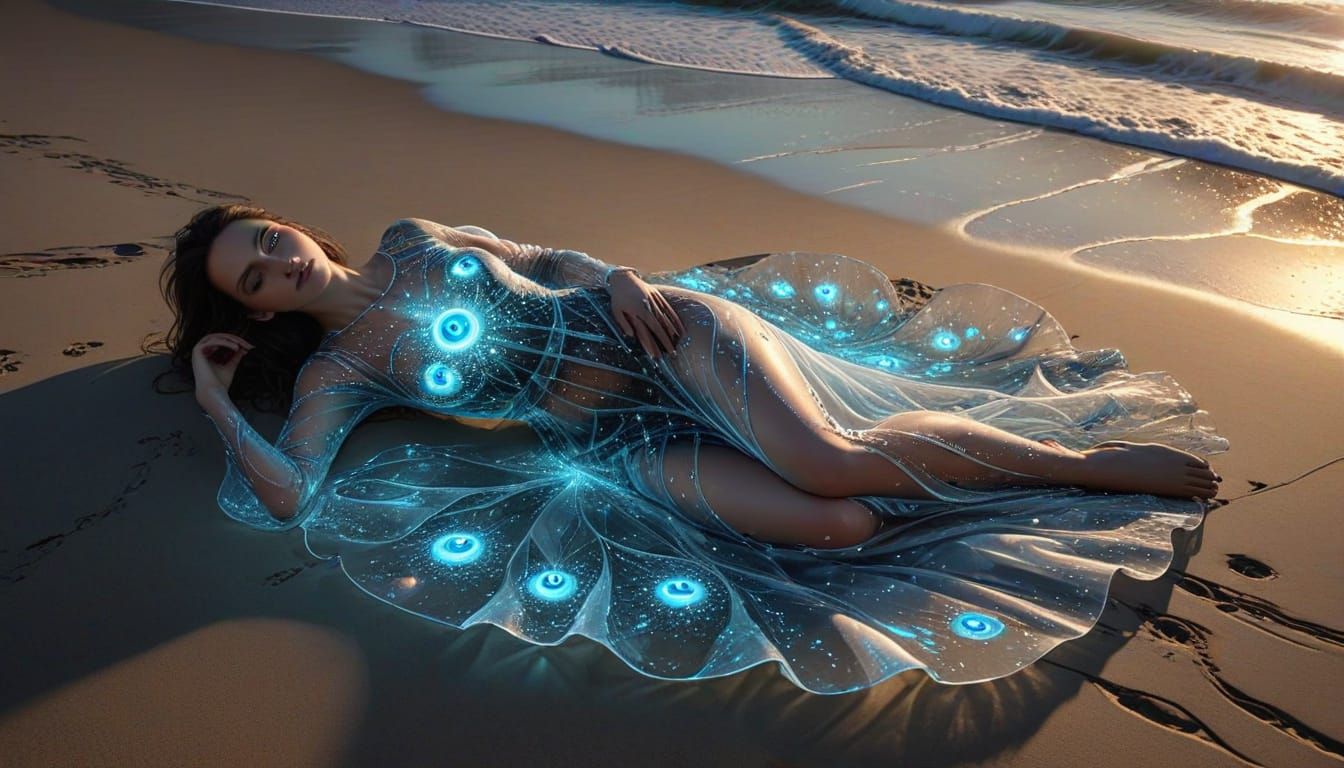 Optical Illusion: Woman on Beach with Fractals