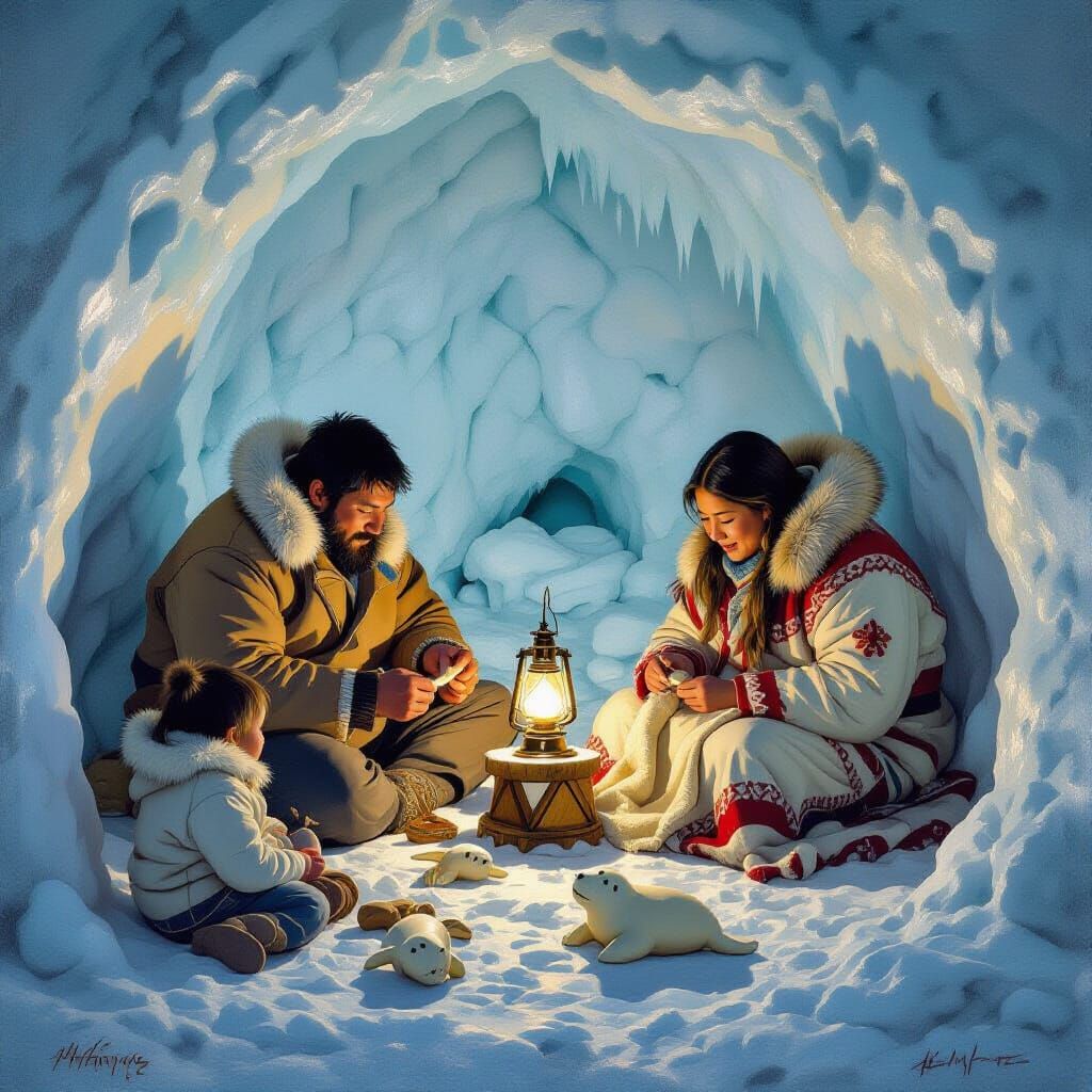 Inuit Family Life Inside Igloo, Oil Painting