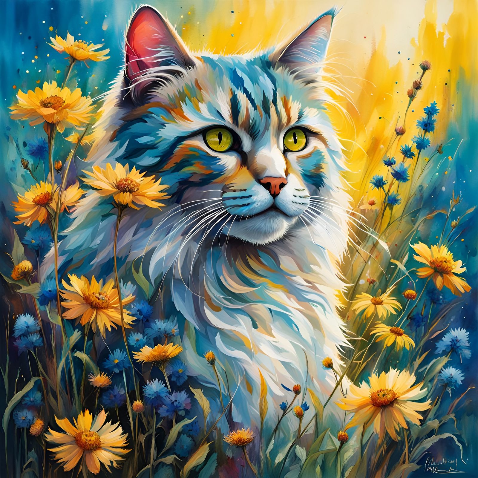 Blue Cat in Wildflower Field: Splash Art Style