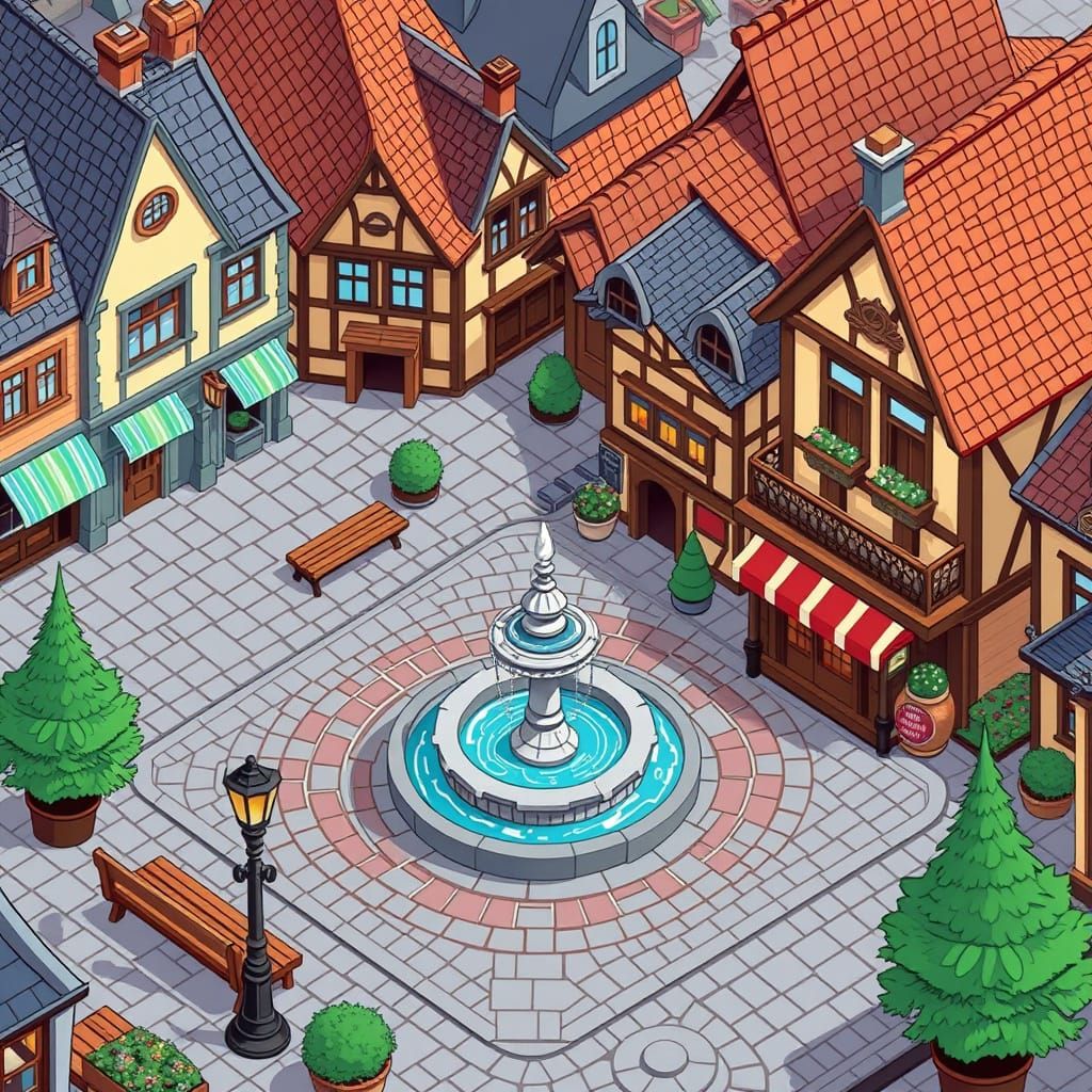 Vintage Town Square Scene in Isometric Vector Style