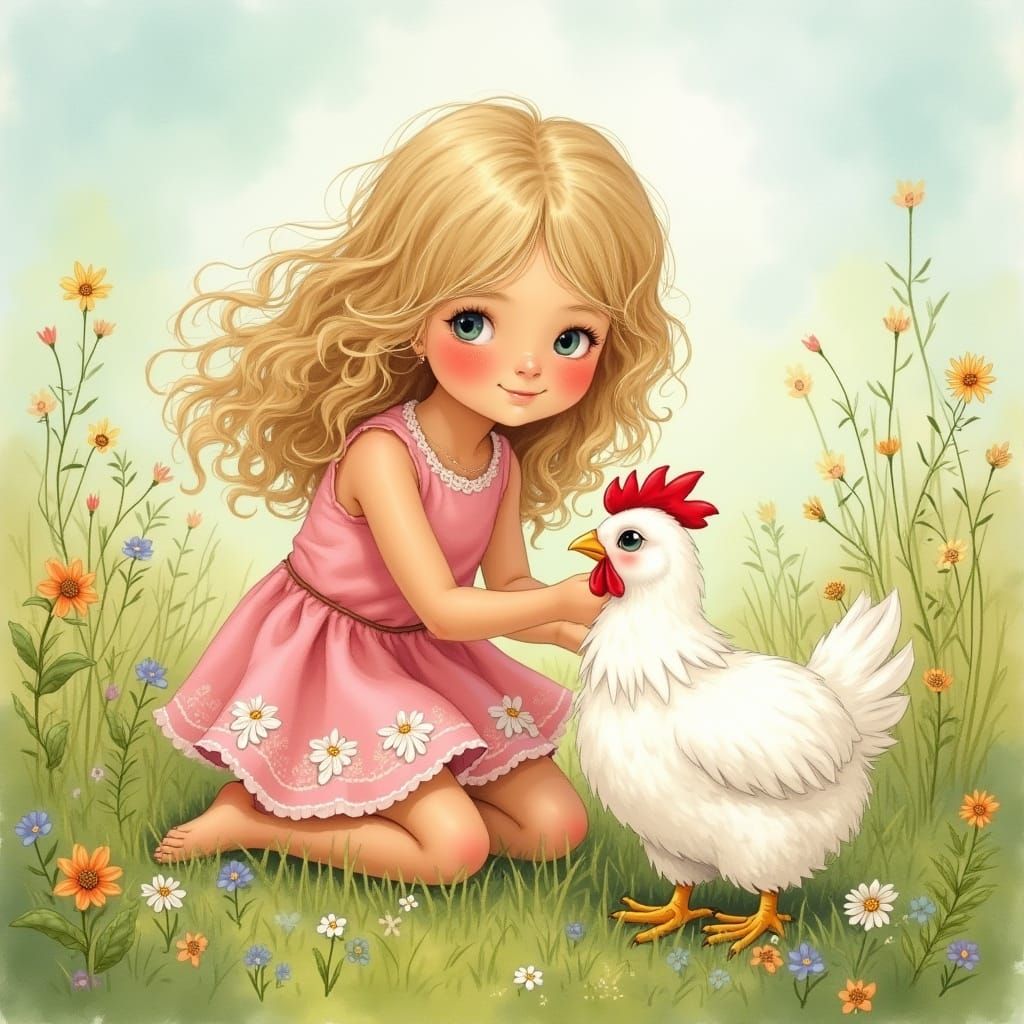 Whimsical Girl Plays with Chicken in a Sunny Meadow
