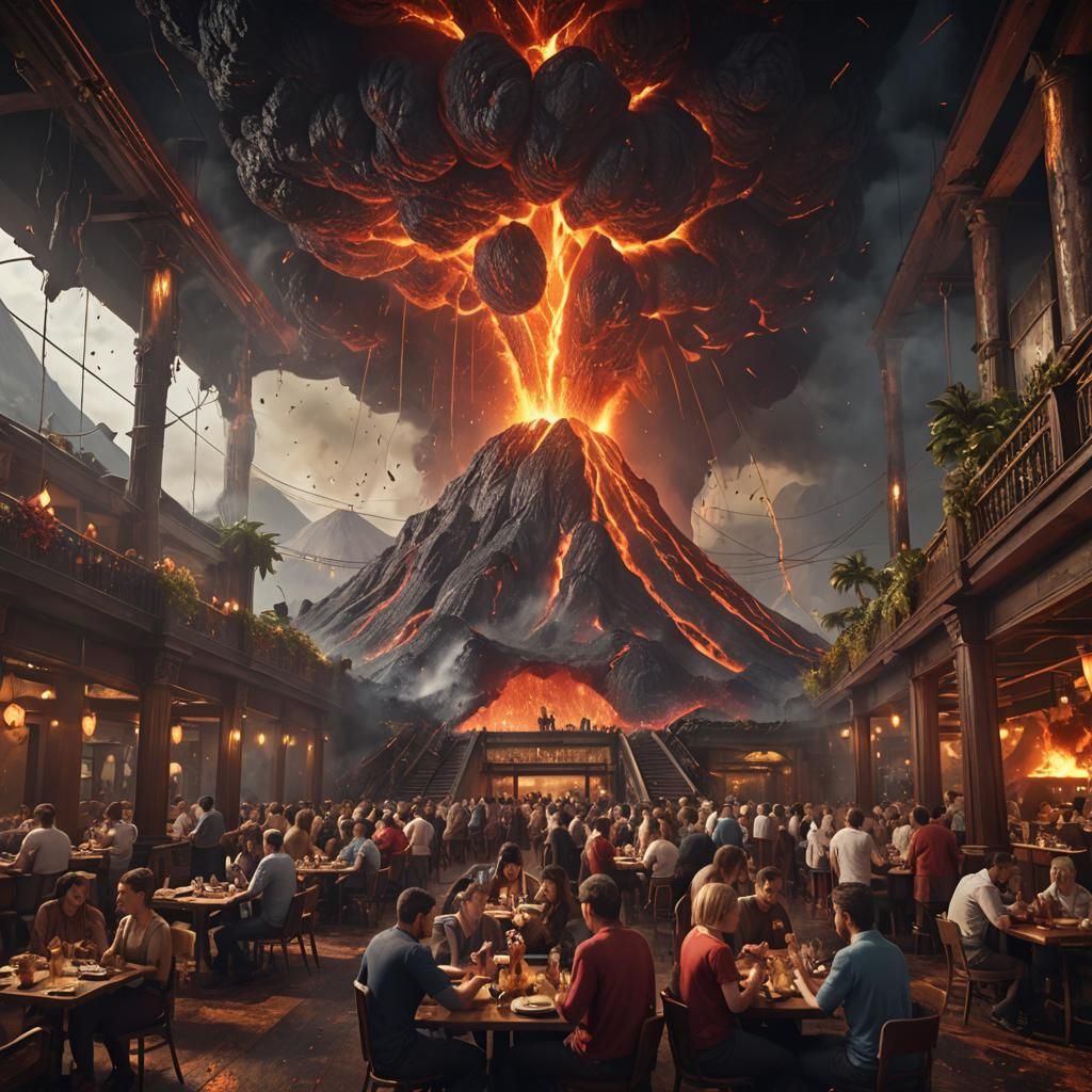 Volcano Eruption Inside Restaurant: Fantasy Concept Art