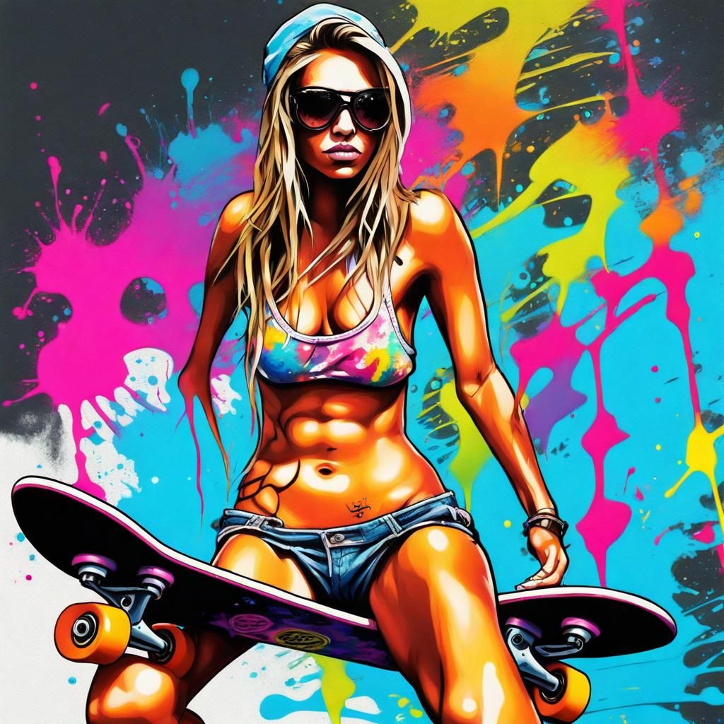 Woman on Skateboard in Graffiti Splash Art Style