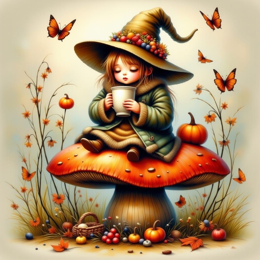Cozy Fall Fairy on Mushroom, Antique Watercolor