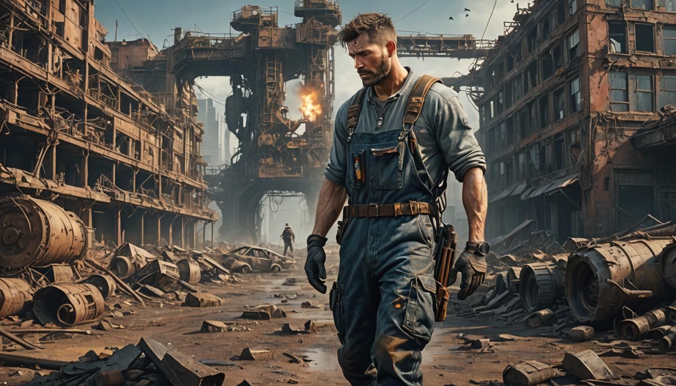 Post-Apocalyptic Man in Overalls: Detailed Matte Oil Paintin...